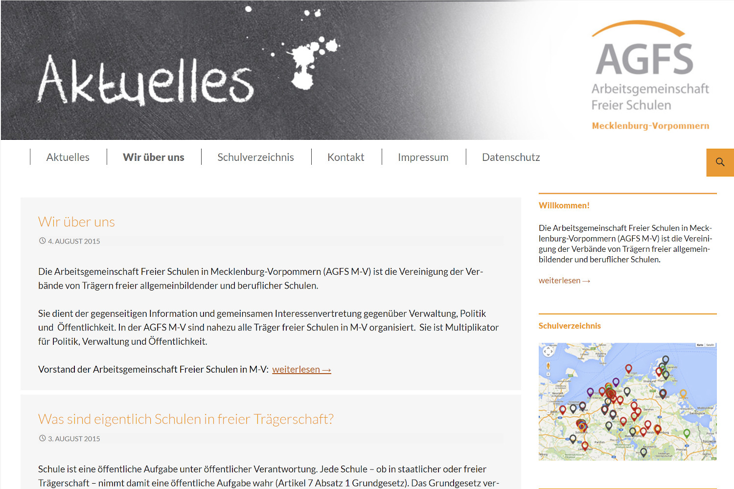 Das Bild zeigt ein Bildschirmfoto der Webseite der Arbeitsgemeinschaft freier Schulen Mecklenburg-Vorpommern www.freie-schulen-mv.de