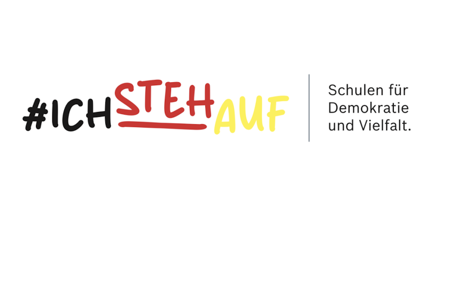 Das Bild zeigt das Logo des Aktionstages #IchStehAuf am 6.Juni 2024 in den Farben schwarz, rot, gold und der Unterschrift Schulen für Demokratie und Vielfalt.