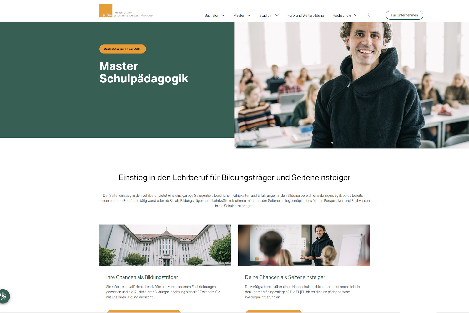 Das Bild zeigt die Homepage des dualen Studiengangs Master Schulpädagogik der EUFH in Rostock und Berlin